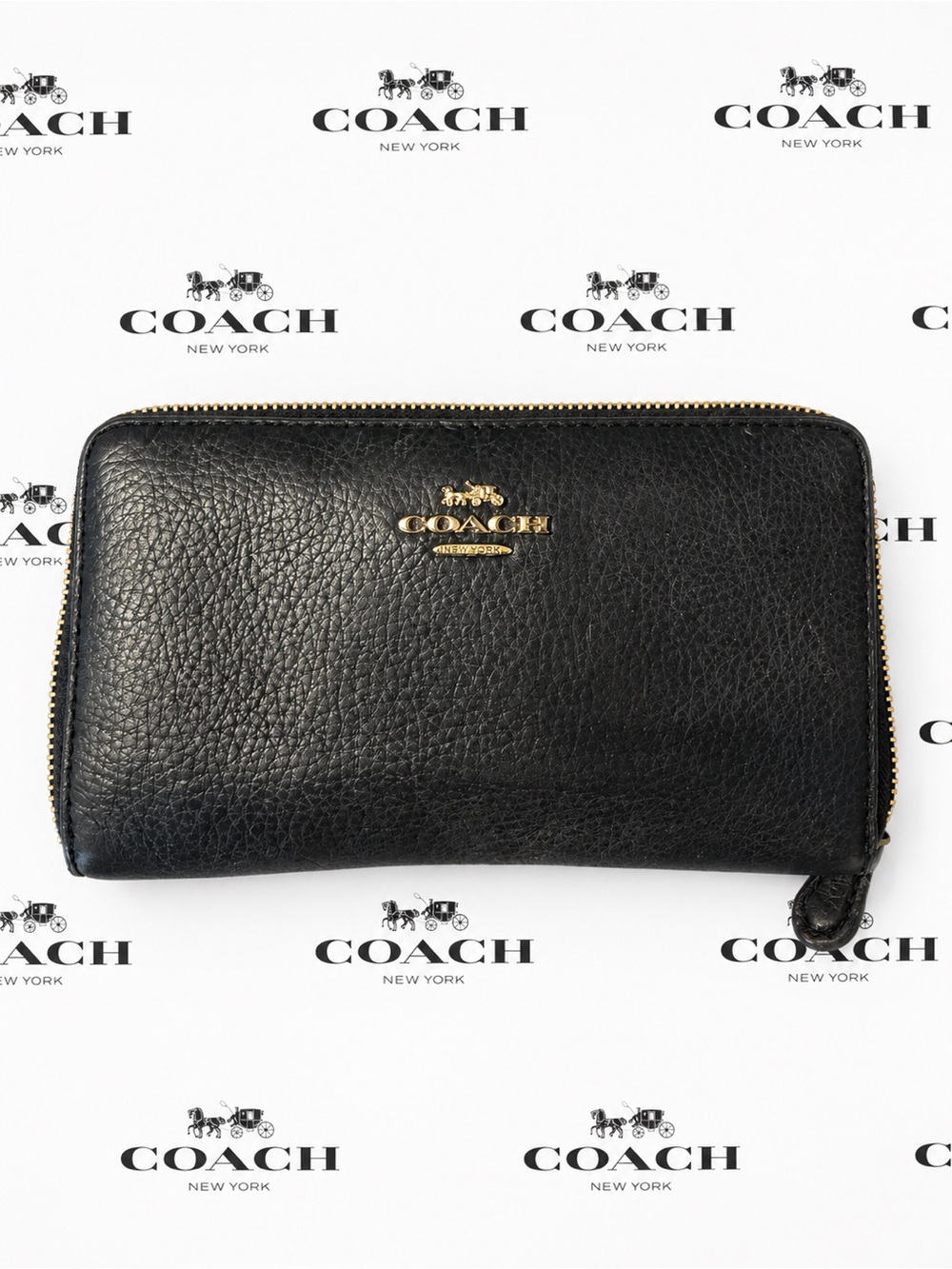 Coach Black Leather Zip Around Wallet with Gold Hardware
